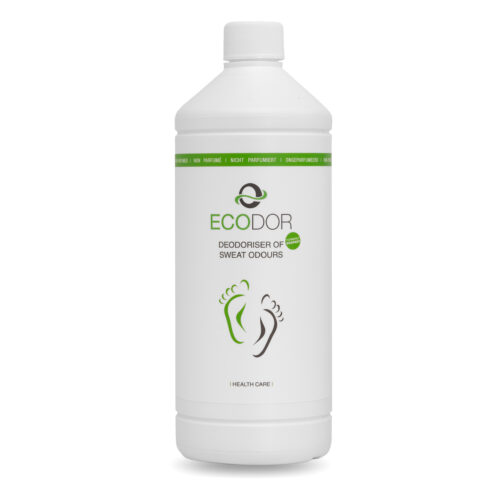 Fles Ecodor EcoFeet 1 liter navulfles, een effectieve zweetgeurverwijderaar voor schoenen, kleding en voeten.