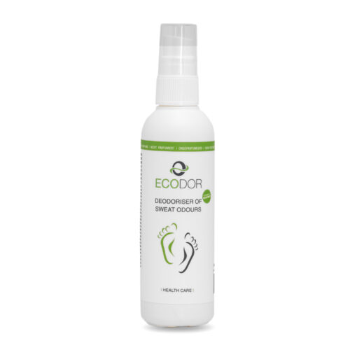 Fles Ecodor EcoFeet 0.1 liter reisformaat, een compacte zweetgeurverwijderaar voor schoenen, kleding en voeten.