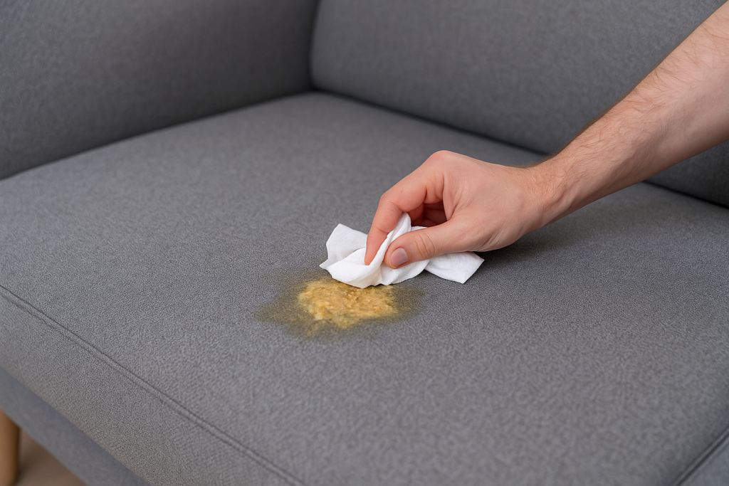 Ruka, která tamponuje zvratky na šedé látkové pohovce hadříkem.