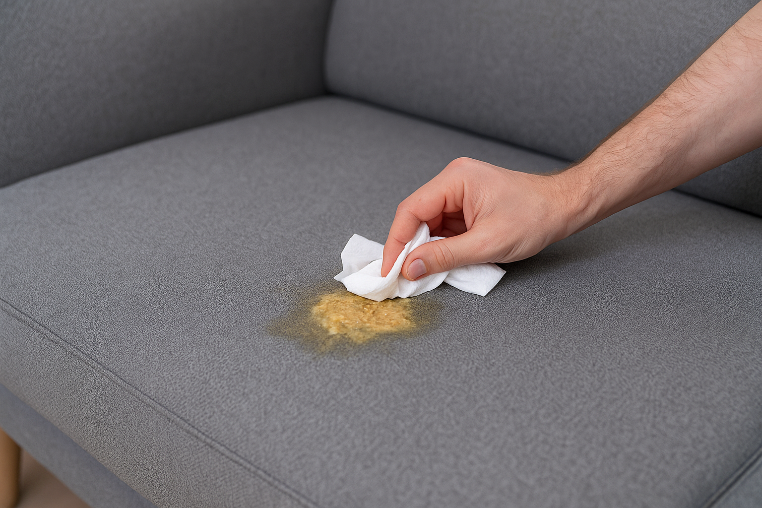 Ruka, která tamponuje zvratky na šedé látkové pohovce hadříkem.